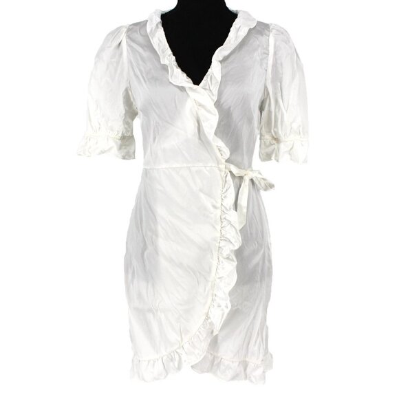 Hill House Nima Wrap Dress White Silk Mini V-Neck Robe Ruffle Trim Small S NEW - Picture 3 of 9